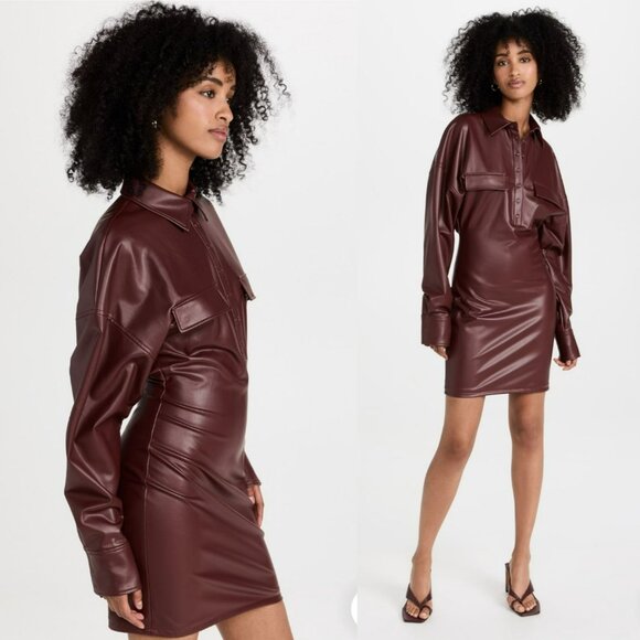 NEW Lapointe Stretch Faux Leather Mahogany Brown Button Front Collar Mini Dress - Picture 3 of 15